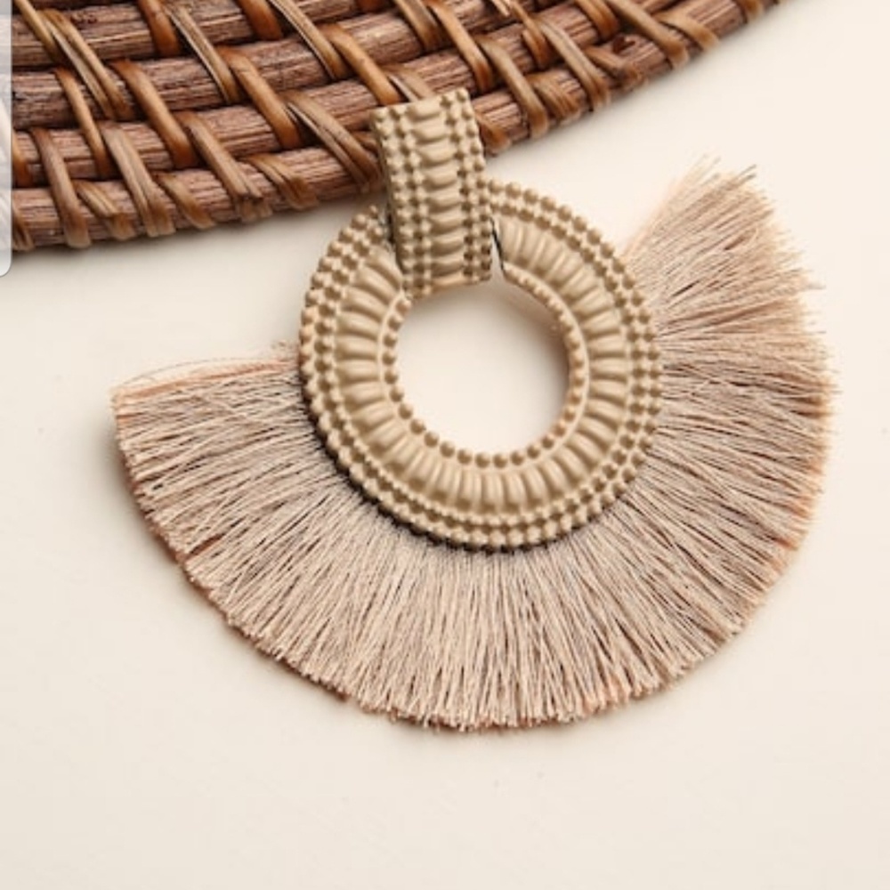 NWT Textured Wood Earrings With Fringe Detail